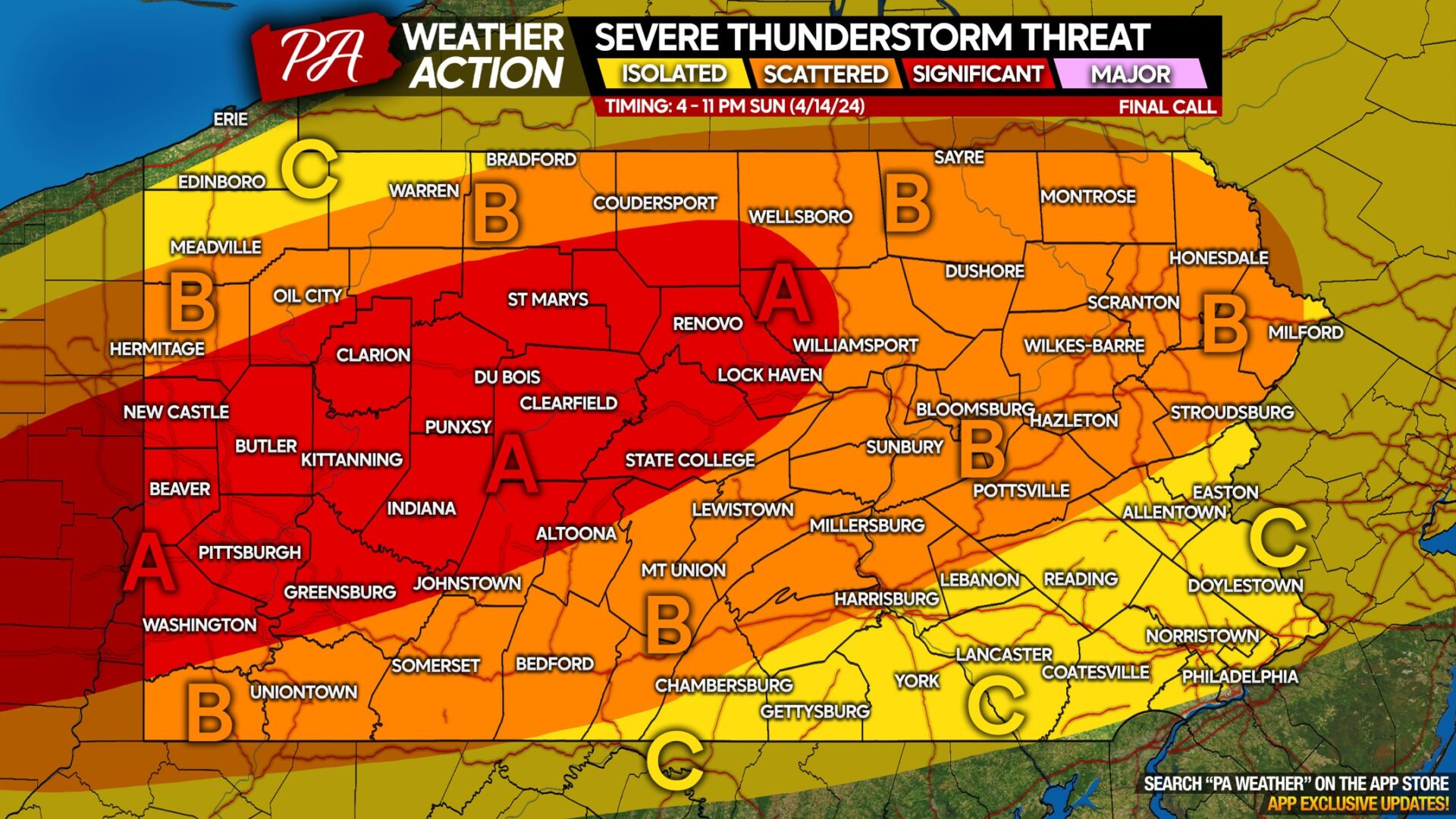 Significant Severe Thunderstorm Threat Sunday Across Parts of PA; Damaging Winds, Large Hail & A Few Tornadoes Possible