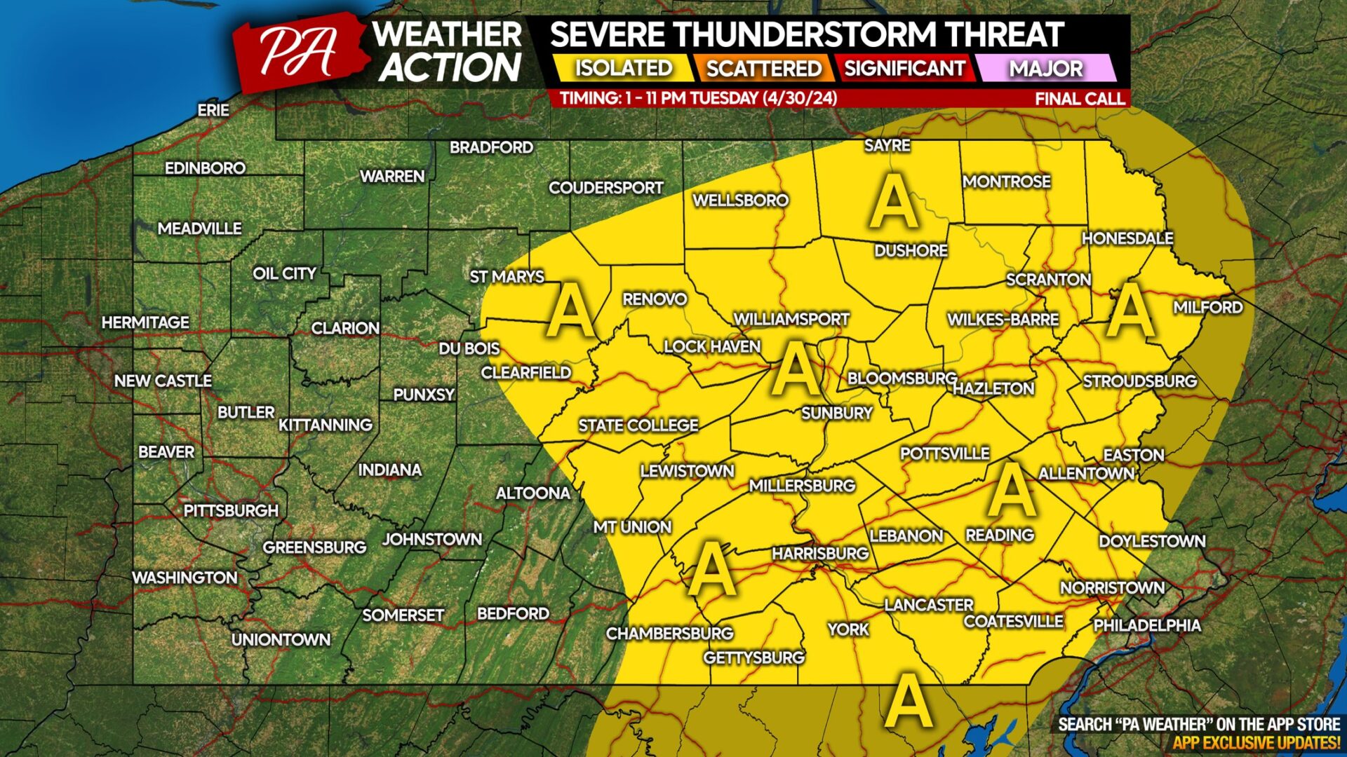 Thunderstorms Possible Tuesday In Parts of Pennsylvania; Threat of Hail, Gusty Winds & Lightning