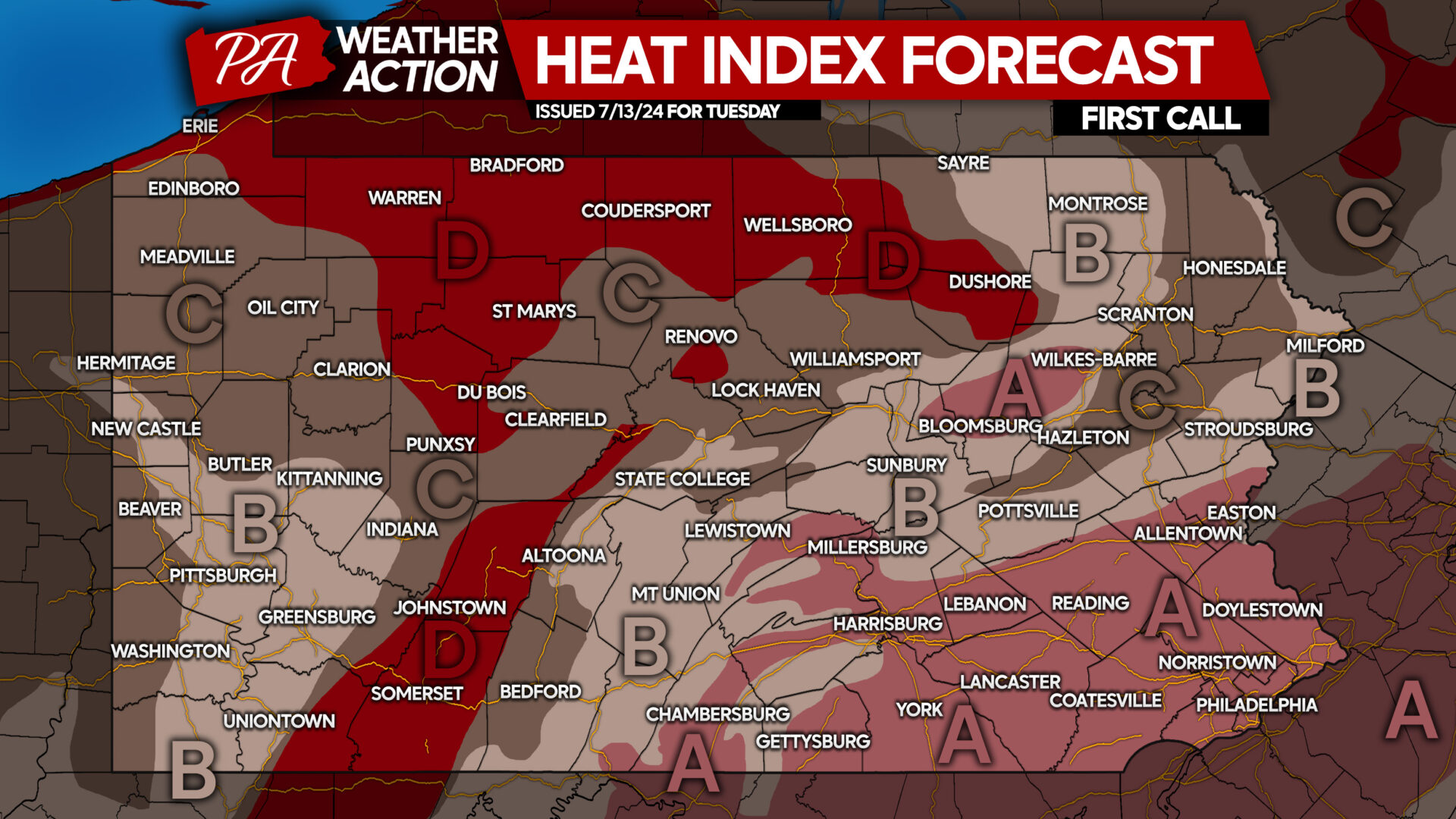 Most Intense Heat Wave Of Summer Coming to Pennsylvania With Heat Indexes Well Over 100°, Then Finally Cooling Down?