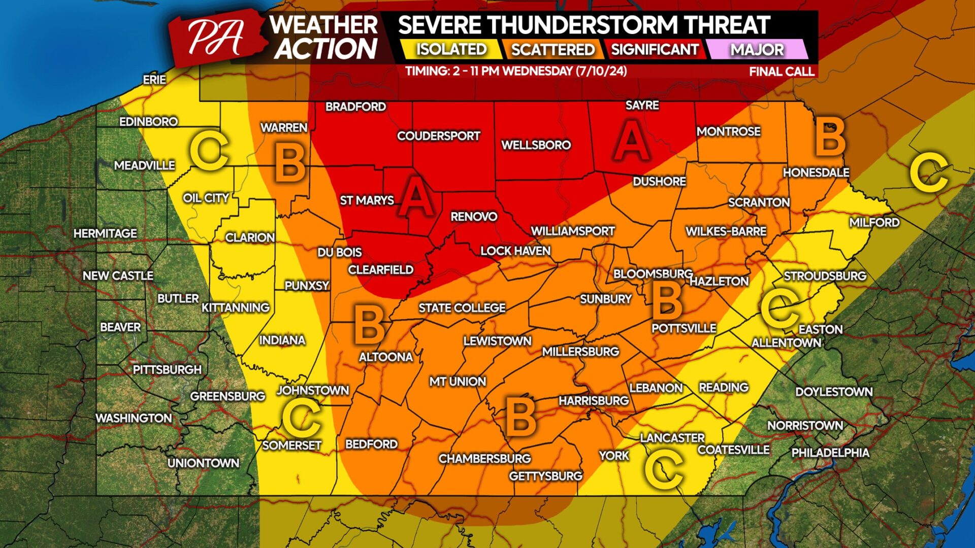 Tornado Threat In Central PA Wednesday As Remnants of Beryl Push Through Region; Heat Indexes Up to 110°