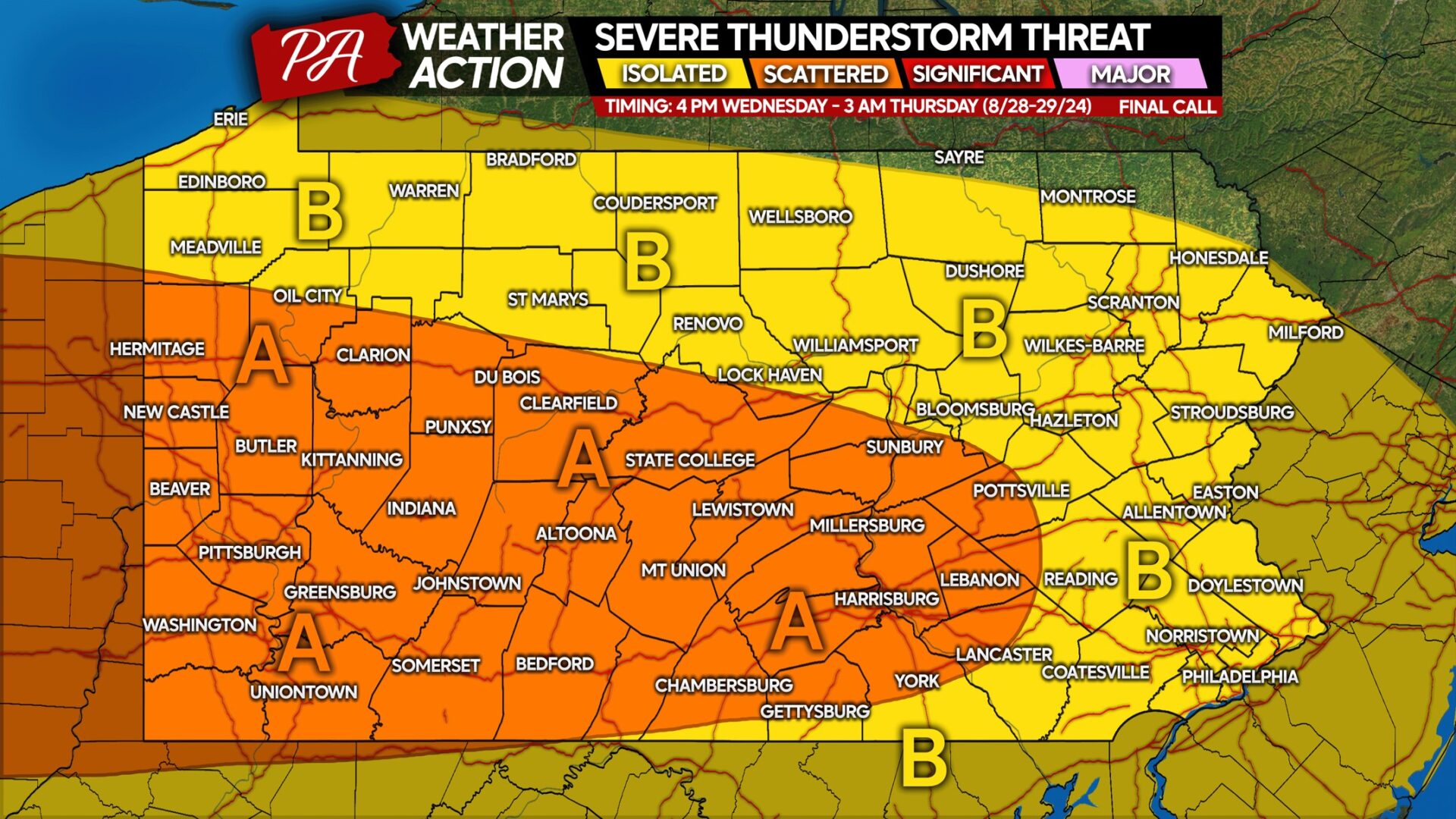 Severe Thunderstorms Possible Later Wednesday Across Parts of Pennsylvania; Damaging Winds & Frequent Lightning Risk