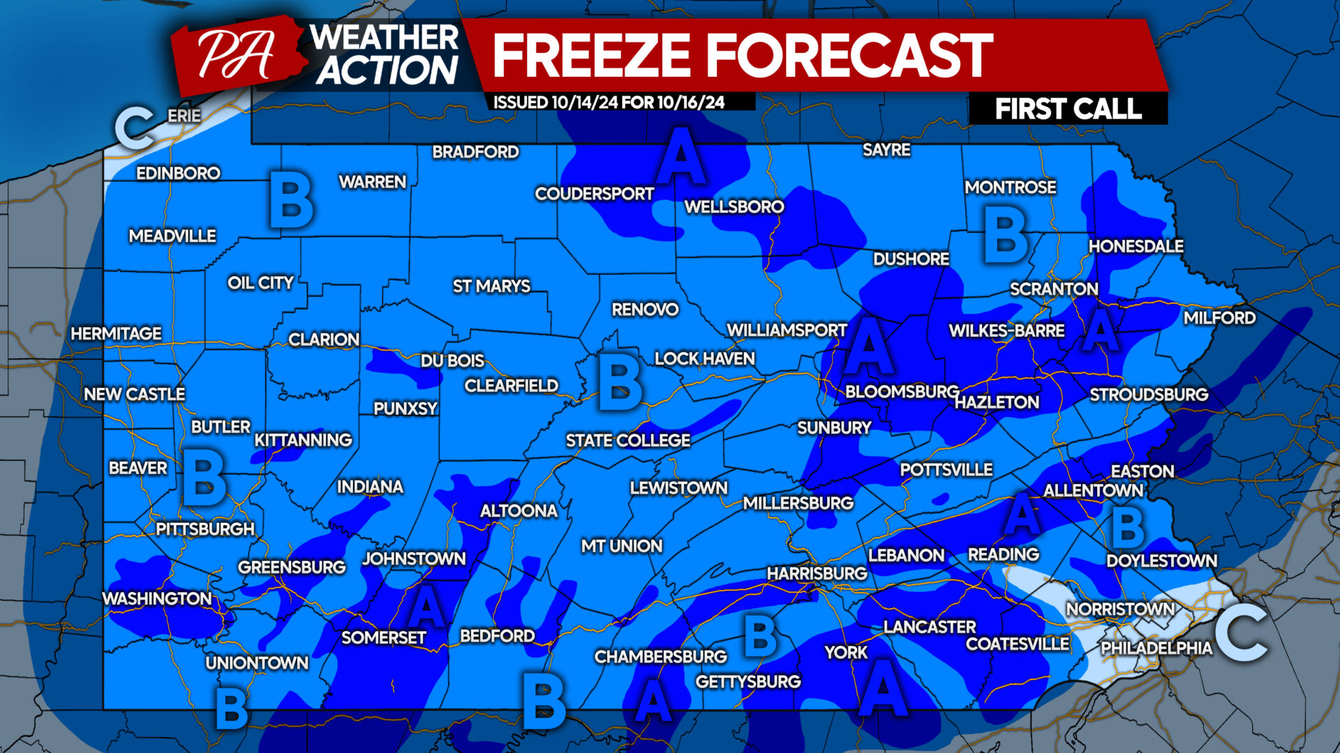 Freeze Forecast for Wednesday into Late Week; First Snowflakes Possible Across Parts of Pennsylvania!