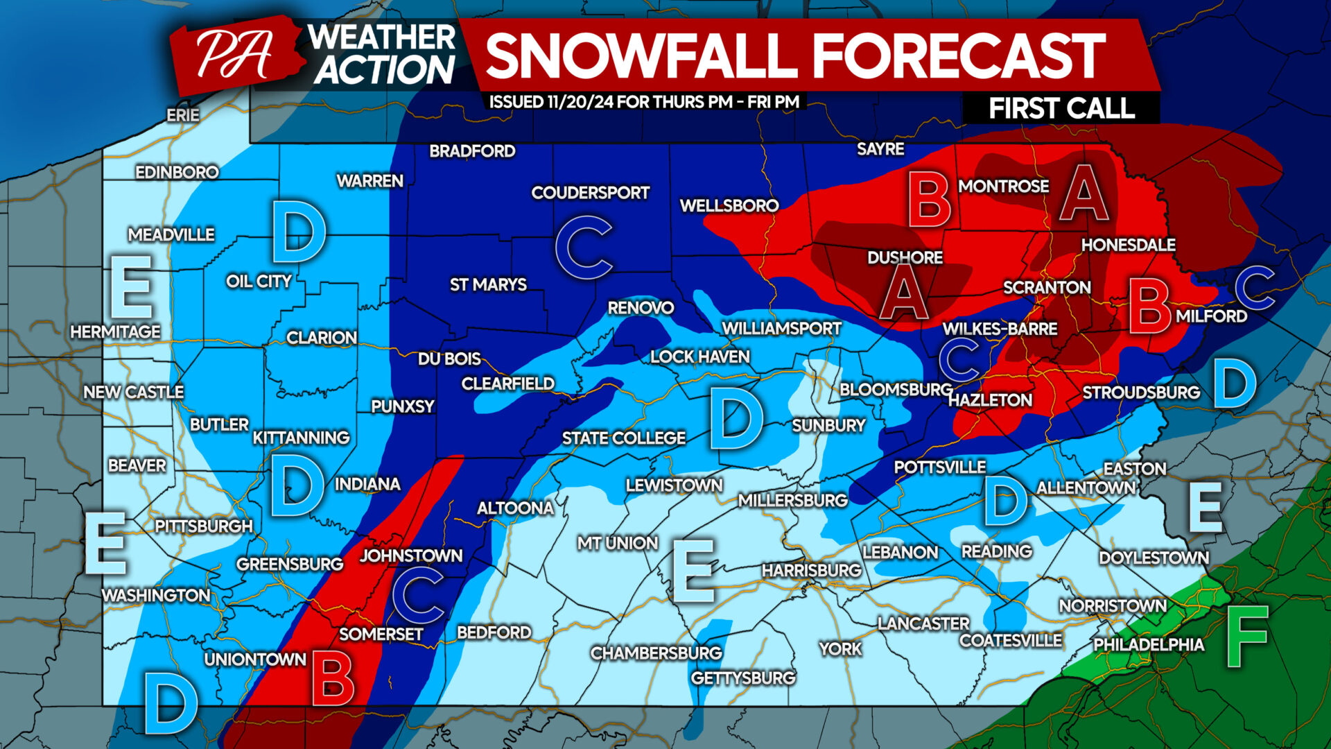 First Call Snowfall Forecast for Thursday Night into Friday’s Significant Winter Storm in Pennsylvania