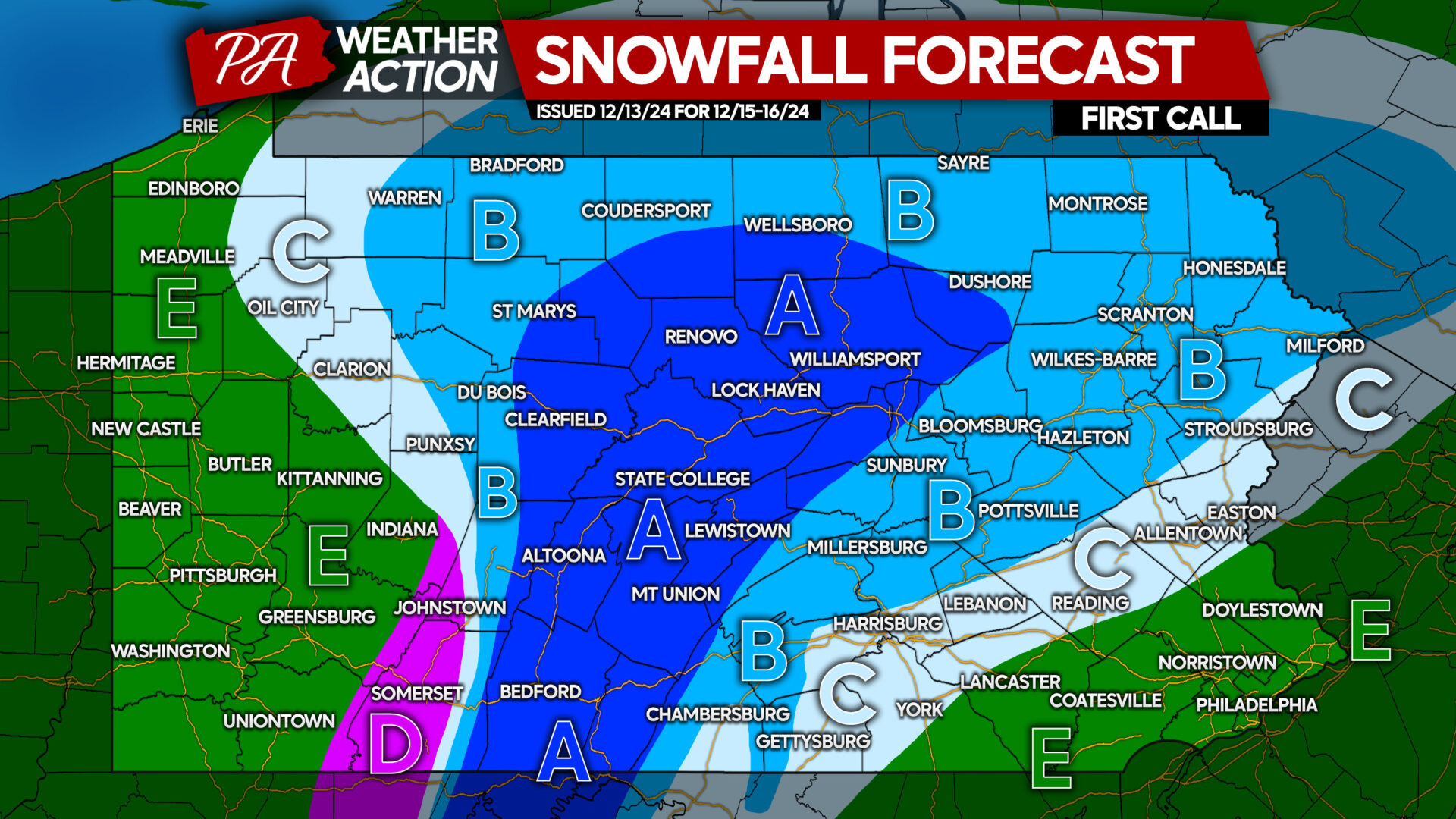 First Call Snowfall Forecast for Sunday – Early Monday Wintry Mix in Pennsylvania