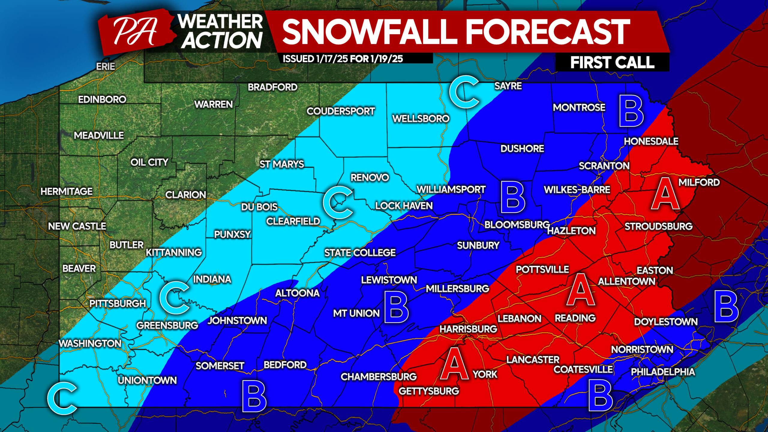 First Call Snowfall Forecast for Sunday’s Significant Snowstorm in Pennsylvania