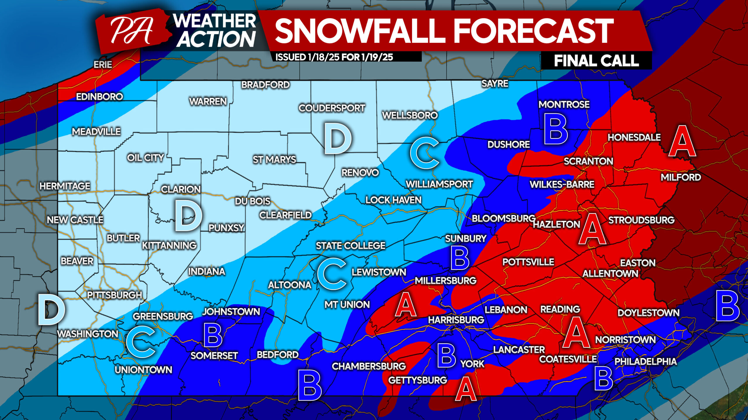 Final Call Snowfall Forecast for Sunday’s Snowstorm in Pennsylvania