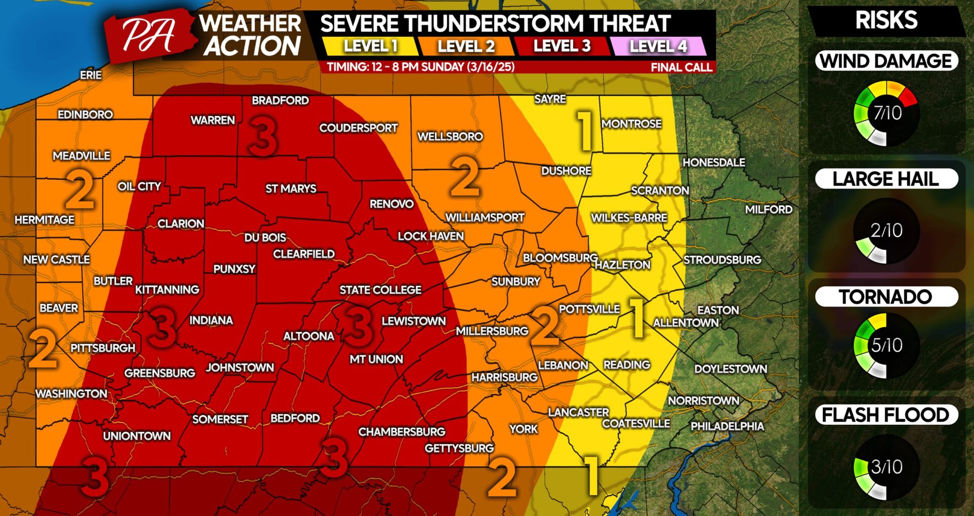 A Few Tornadoes Possible Within Level 3 Risk Area in Parts of Pennsylvania Today (Timing & Details Here)