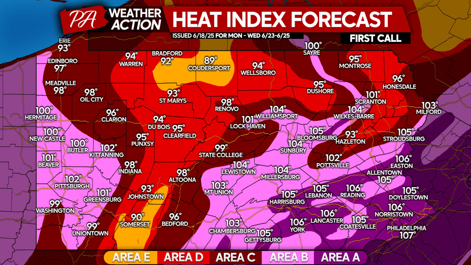 Dangerous Heat Wave to Last 7-10 Days, Heat Indexes Reaching 107° In Parts of PA