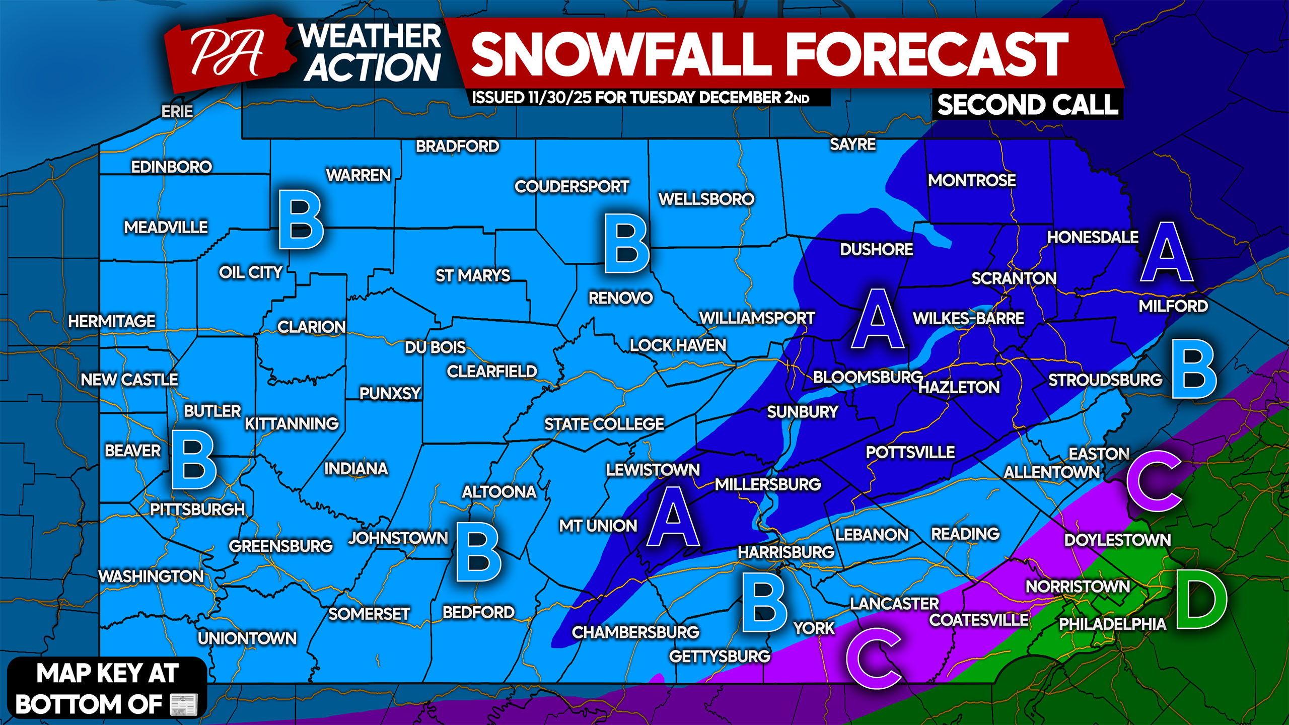 Second Call Snowfall Forecast for Tuesday’s Winter Storm in Pennsylvania