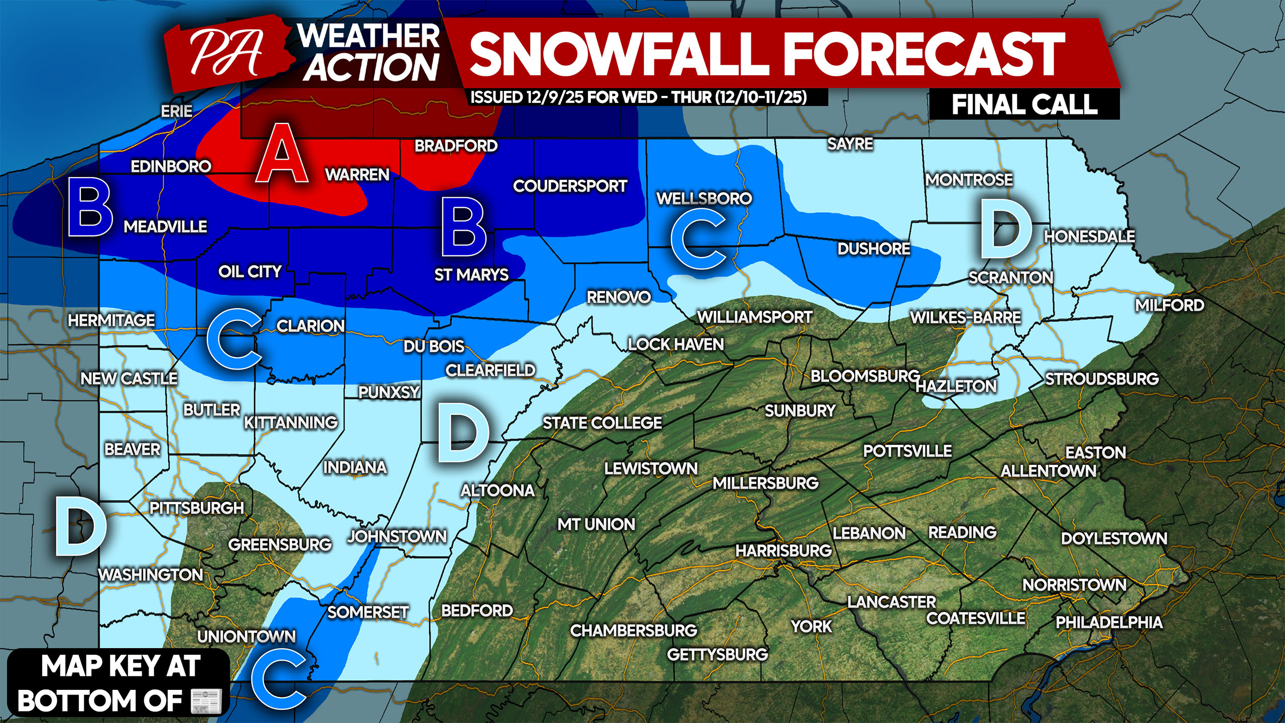 Final Call Snowfall Forecast for Significant Snow Wed-Thur Across Parts of Pennsylvania