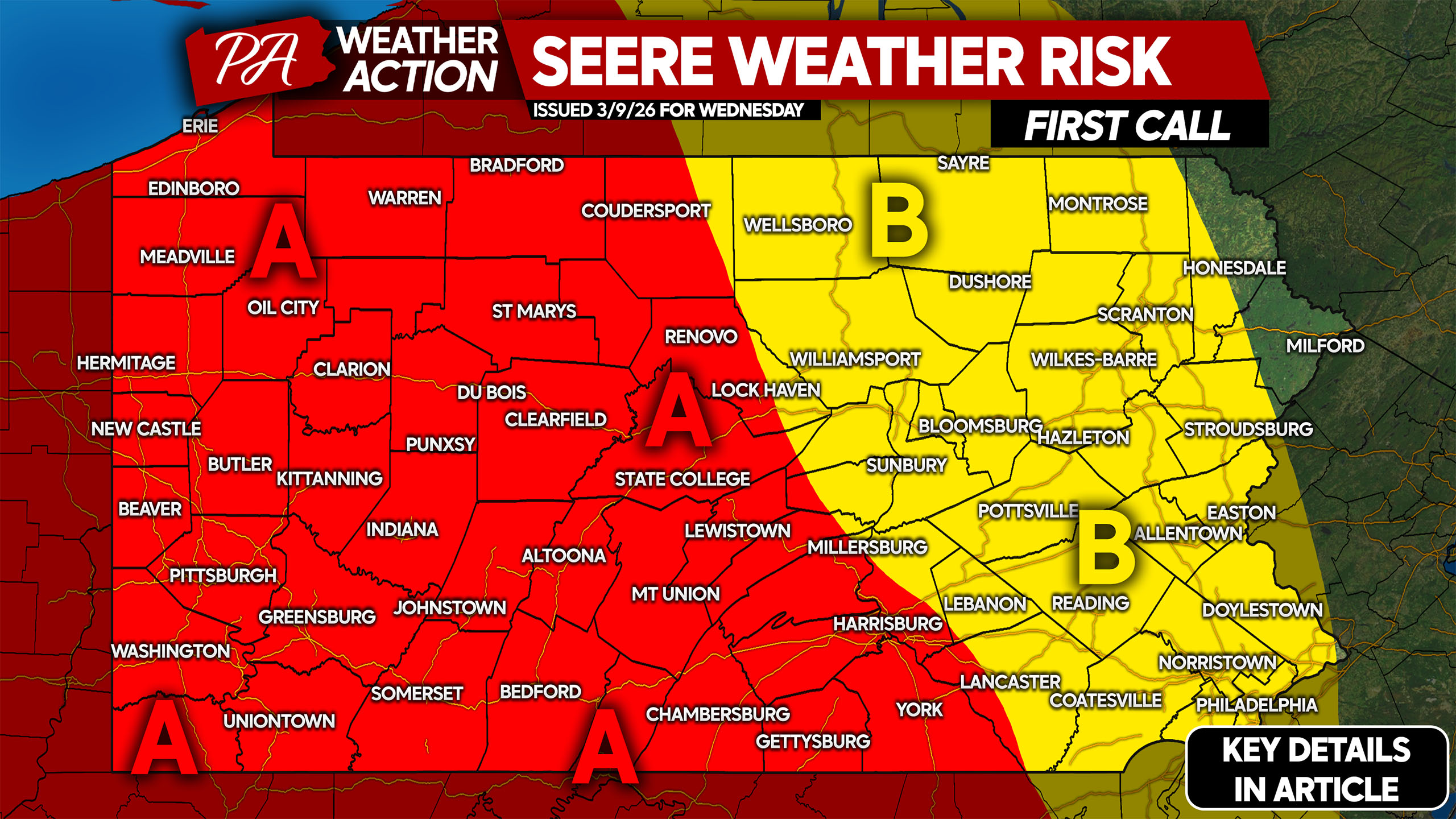 Severe Thunderstorm Risk in Much of Pennsylvania  Wednesday; Damaging Winds & Isolated Tornadoes Possible