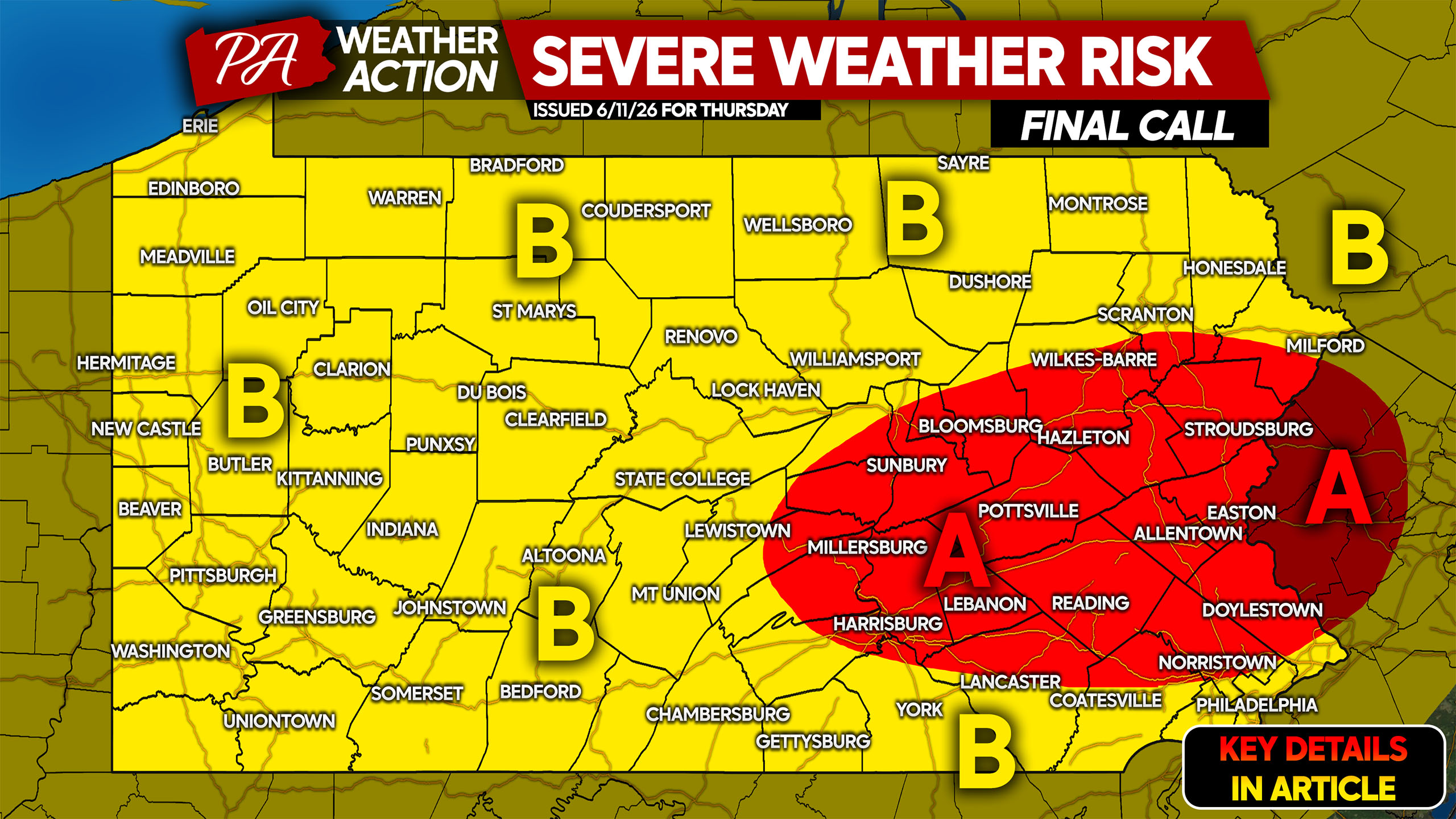 Severe Thunderstorms with Localized Damaging Winds Possible in Areas of Pennsylvania Today