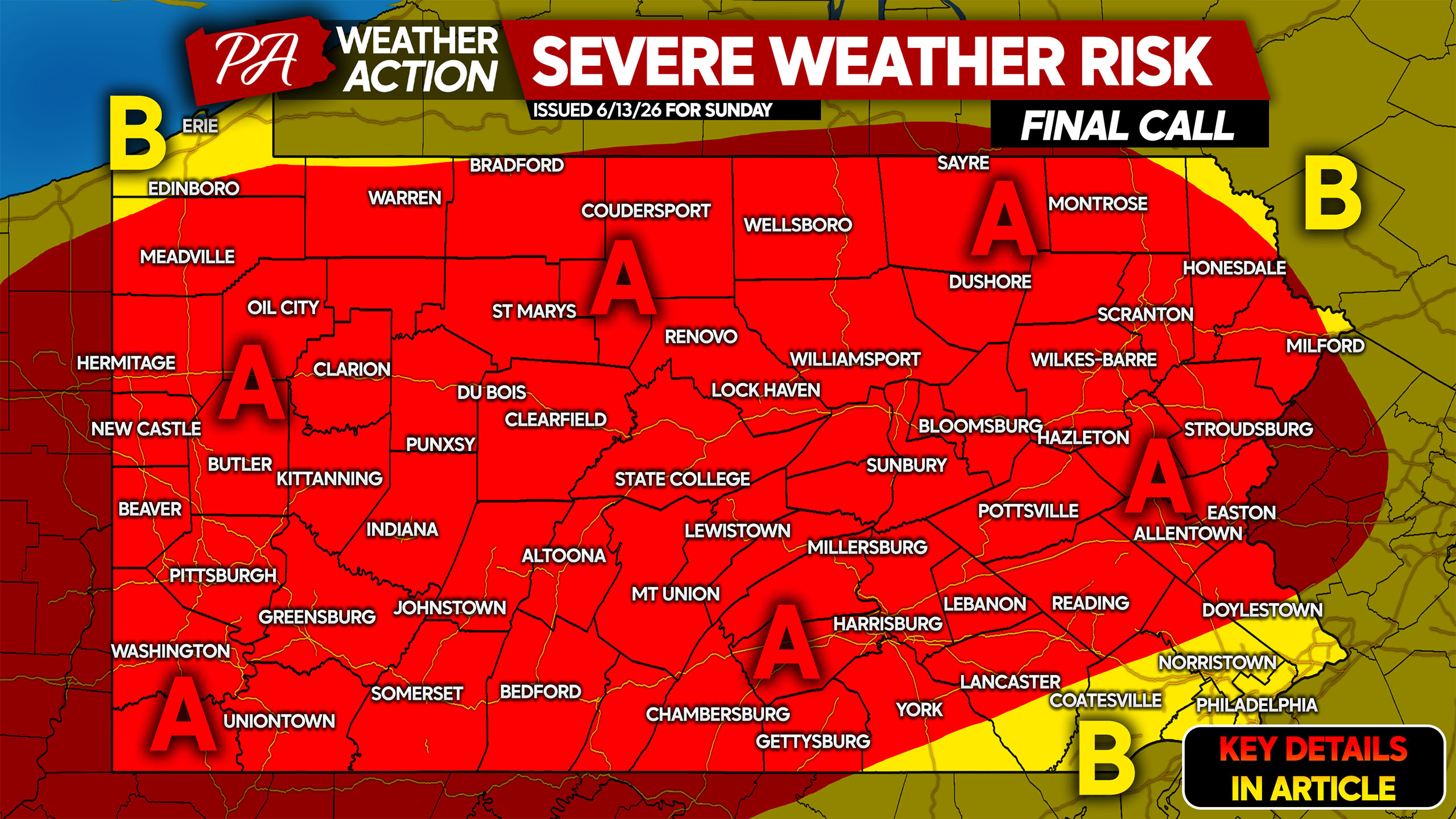 Severe Thunderstorms Bringing Wind Gusts Up to 80 MPH Likely Sunday in PA