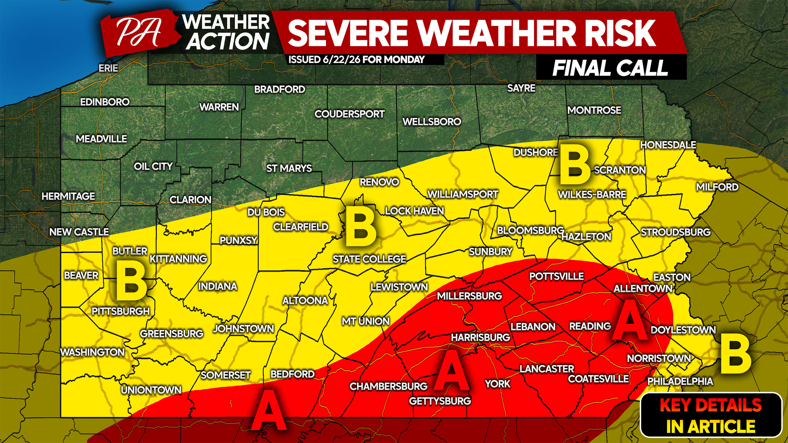 Damaging Winds & An Isolated Tornado Possible in Severe Storms Across PA Monday
