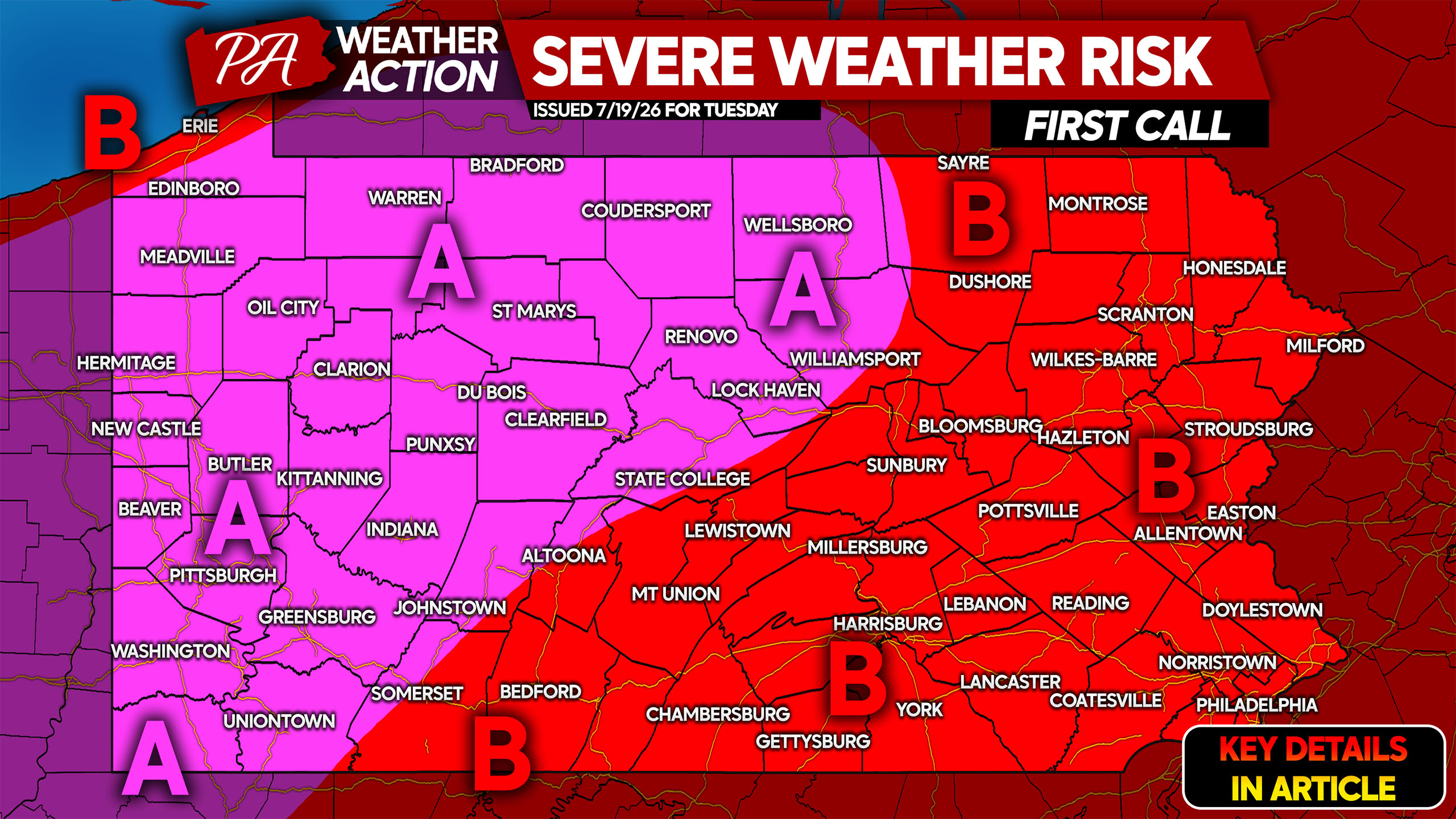 Damaging Winds up to 90mph, Hail & Isolated Tornadoes Expected Tuesday in Pennsylvania
