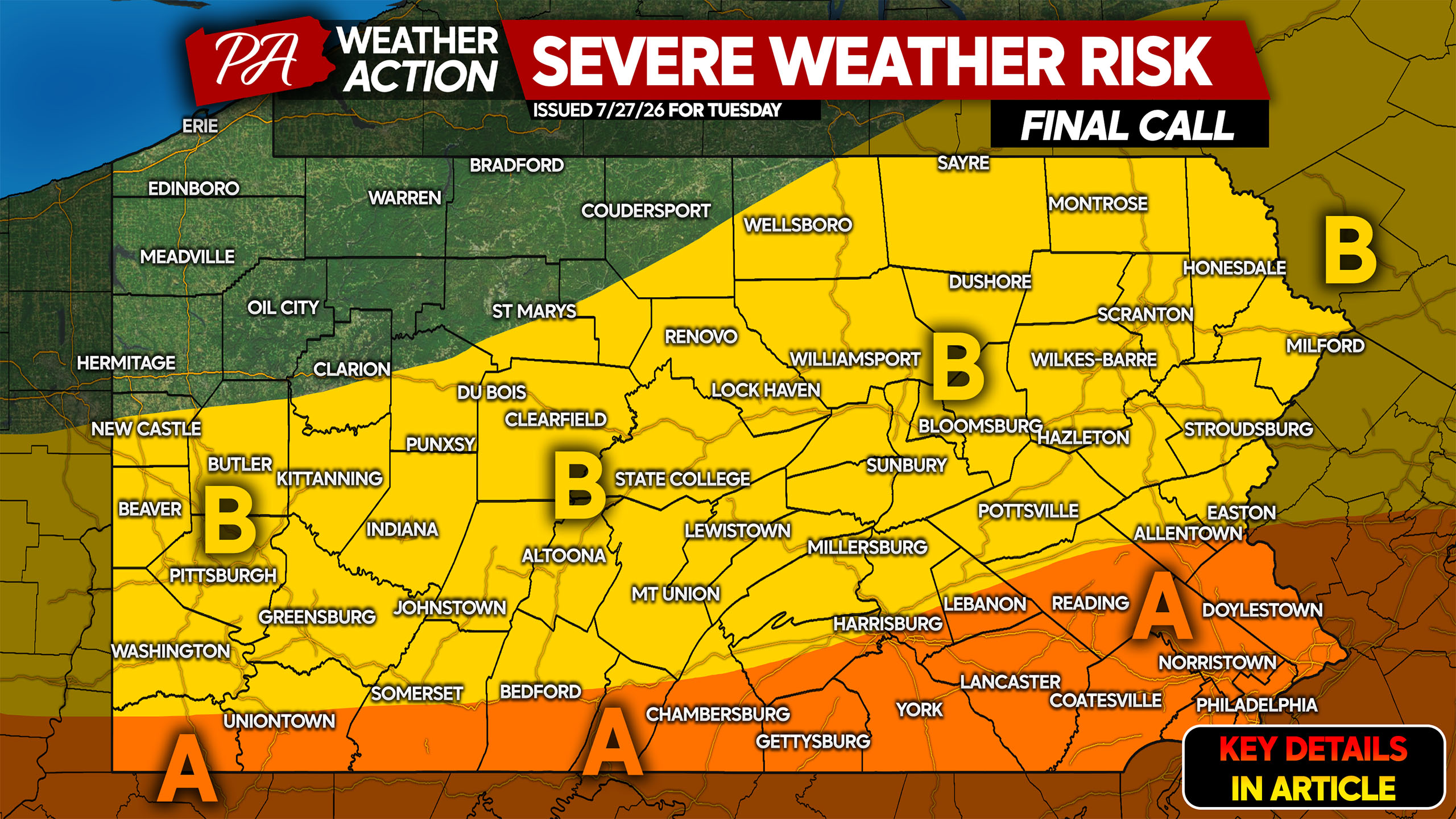 Elevated Risk of Flash Flooding Tuesday in Parts of PA Amidst Clusters of Strong to Severe Storms