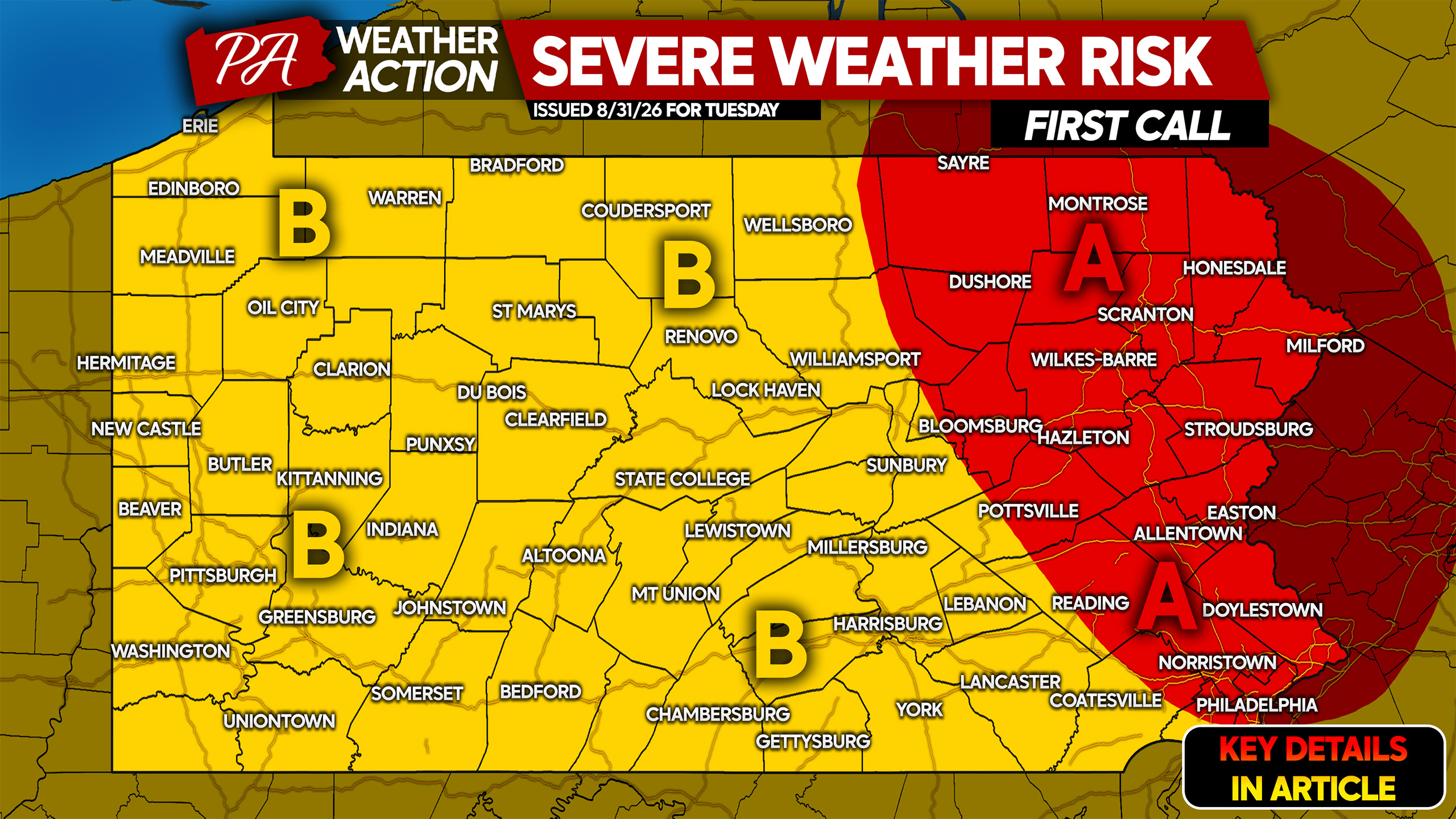 Severe Thunderstorms with Damaging Winds, Hail Possible Across Pennsylvania Tuesday, Sept. 1