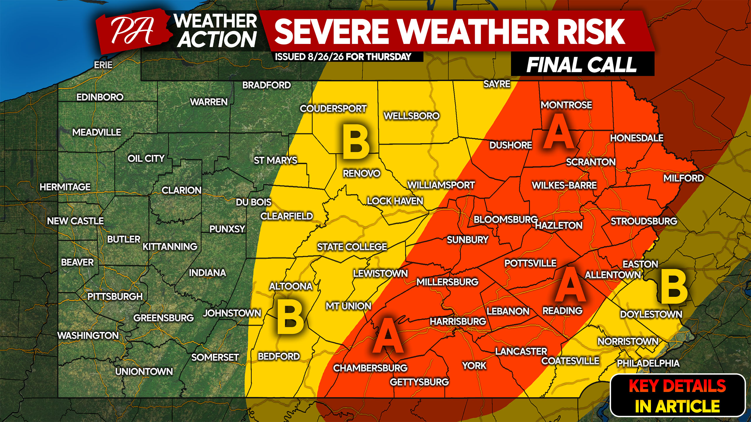 Severe Thunderstorms With Damaging Wind, Isolated Tornado Risk Likely Thursday in PA