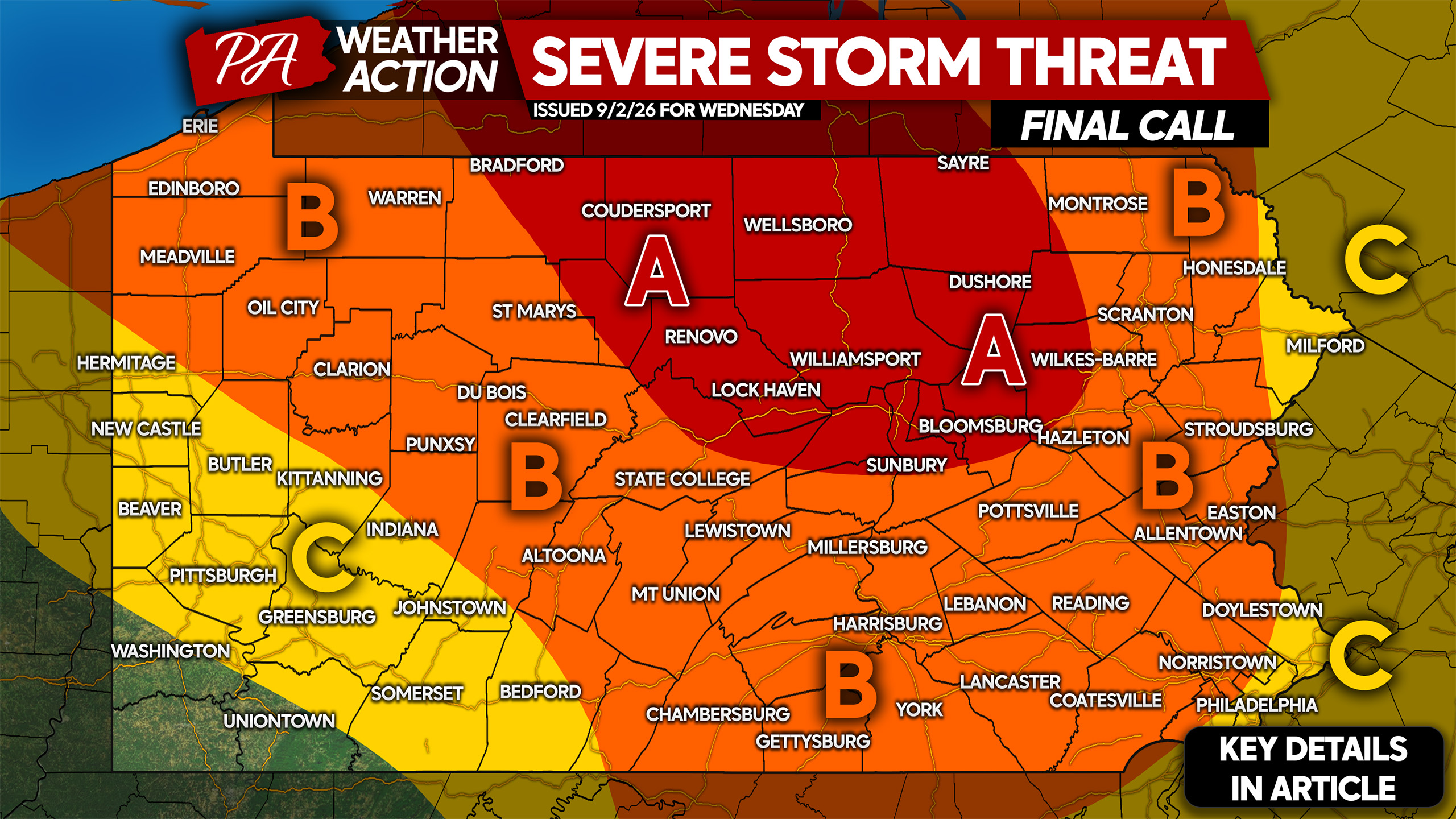 Significant Damaging Wind & Tornado Risk Today in Parts of PA With Severe Thunderstorm Threat